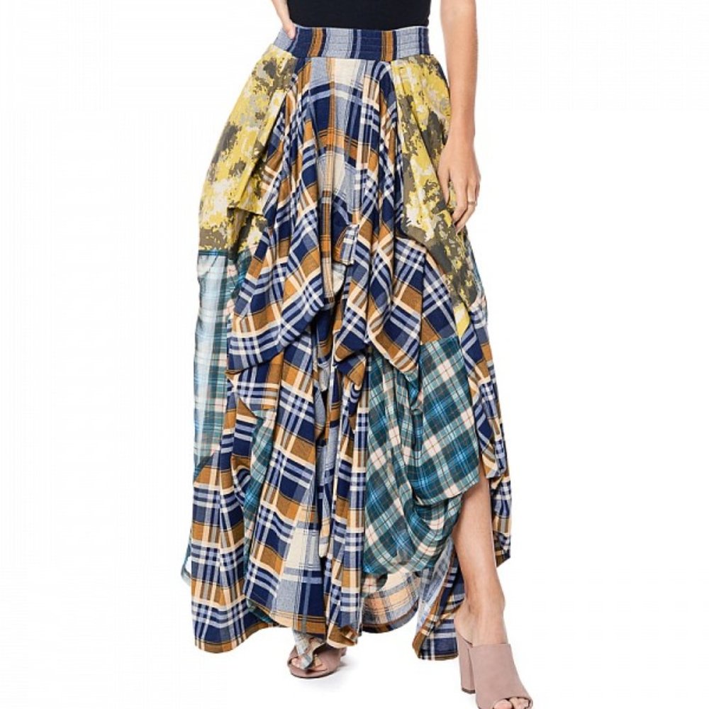 NWT TOV HOLY The Damsel's Yellow Plaid Flowing Maxi Skirt - Picture 2 of 9